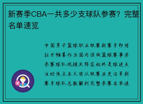 新赛季CBA一共多少支球队参赛？完整名单速览