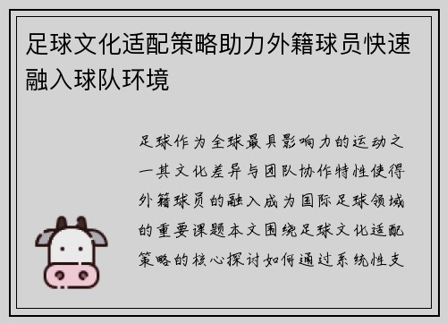 足球文化适配策略助力外籍球员快速融入球队环境